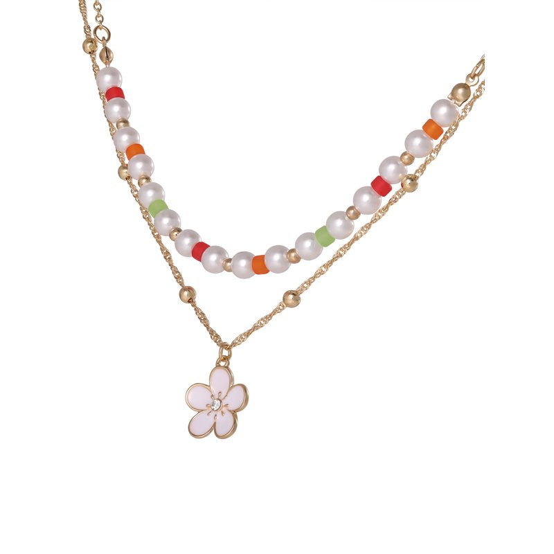 Women's Layered Flower Charm Necklace with Adjustable Chain - Trendy Jewelry Accessory