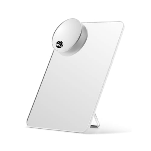 OMIRO Desk Makeup Mirror with 10X Magnifying Mirror, 10 x 7 inches Large Table Mirror with Adjustable Stand and Hanging Hole for Shaving and Travelling, White