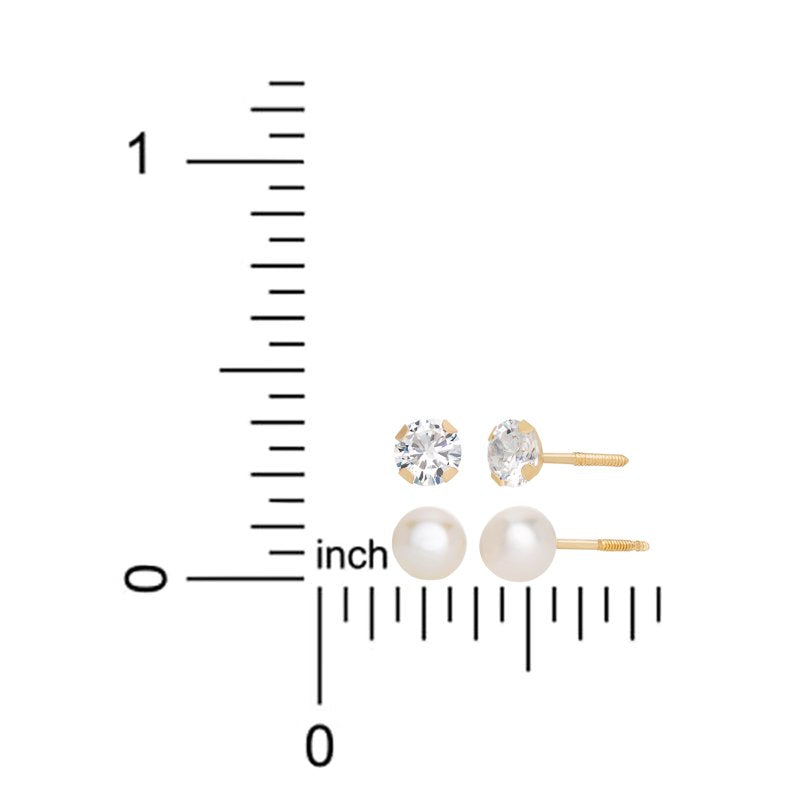 Girls Tween 14K Gold CZ and Pearl Stud Earring Set - Hypoallergenic