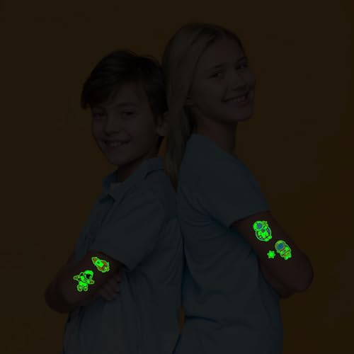 Partywind Glow Space Tattoos for Kids, 150 Styles Luminous Spaceship Planets Astronaut Fake Tattoo Stickers for Space Birthday Party Supplies, Cute Goodie Bag Stuffers for Boys