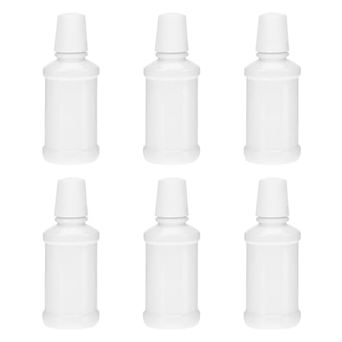 NOLITOY 6Pcs Portable 200ml/6.8oz Plastic Flat Mouthwash Bottles with Measurement Marks, Refillable Oral Cleaner Containers for Travel