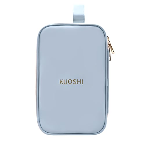 Travel Makeup Bag for Women, Large Capacity Waterproof Cosmetic Organizer with Divider & Handle, Portable Open Flat Toiletry Pouch for Travel Accessories (Blue)
