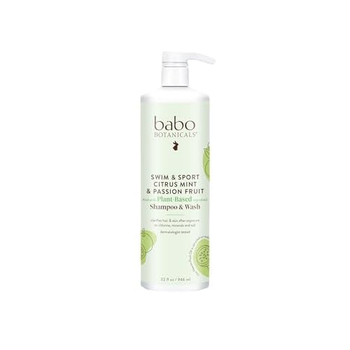 Babo Botanicals Swim & Sport Citrus Mint & Passion Fruit Shampoo & Wash - Purifying Cleanser for hair & body- Removes chlorine & sweat - For all ages - Scented with Citrus & Peppermint Essential Oils