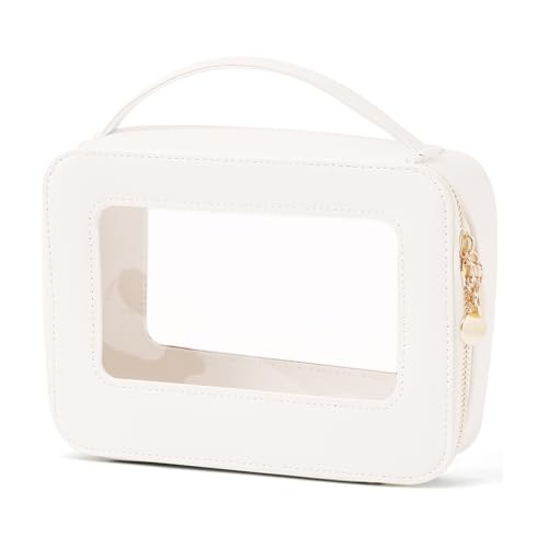 Meiyuuo Clear Makeup Bag Cosmetic Organizer Case with Handle Large Travel Toiletry Bag Zipper Skincare Pouch for Purse Essentials Waterproof Car Bag for Women Off White