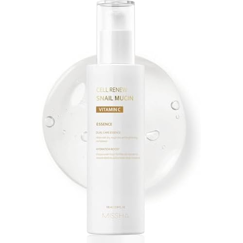 MISSHA Cell Renew Snail Mucin Vitamin C Essence Serum 3.38 Fl oz - Hydrating Korean Skincare for Glass Skin, Snail Mucin Serum for Improved Skin Texture & Complexion