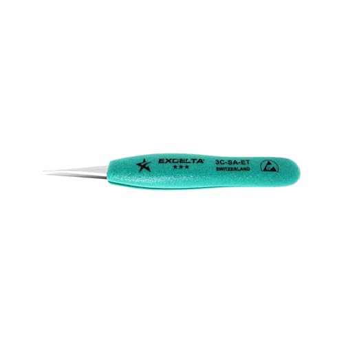Excelta 3C-SA-ET Straight Very Fine Precision Pointed Tweezers, Ergo-Tweeze TealShield Soft Cushioned Grips, Anti-Magnetic Neverust Stainless Steel, 4.75¡± Long, Swiss Made, Professional