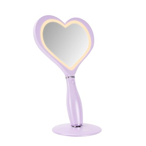 Impressions Vanity Amour LED Handheld Makeup Mirror for Desk, Lighted Travel Makeup Mirror with Detachable Magnetic Ball Standing Base, Ultra Bright Adjustable Lighting, and Heart Shaped (Lilac)
