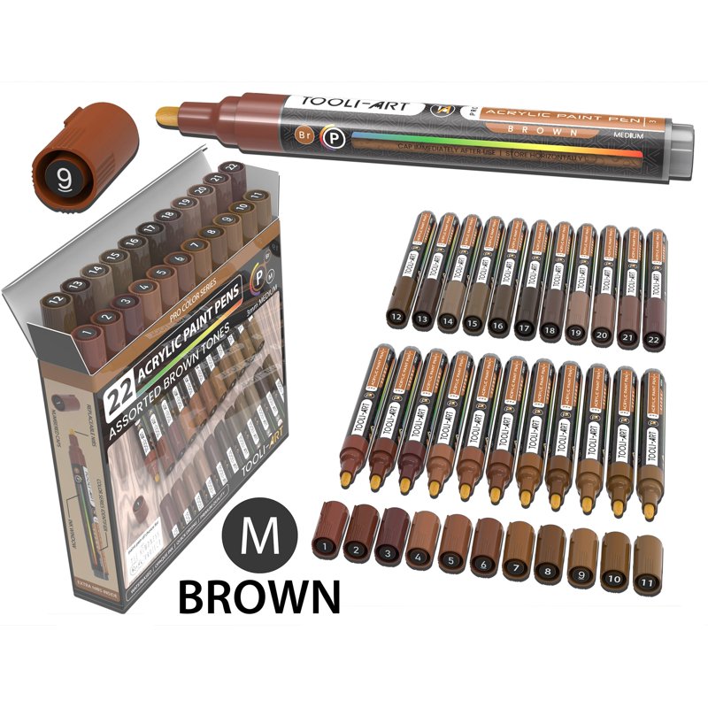 Acrylic Paint Pens Set - 22 Brown Colors for Art & Craft, 3mm Medium Tip