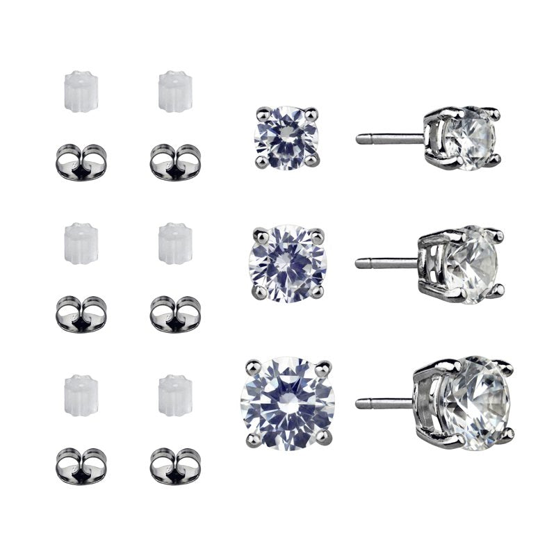 Sterling Silver Simulated Diamond Earring Set - 3 Pairs Round Studs for Women
