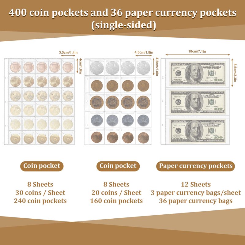 Fireproof Coin Collection Book Holder with 400 Pockets & Currency Sleeves