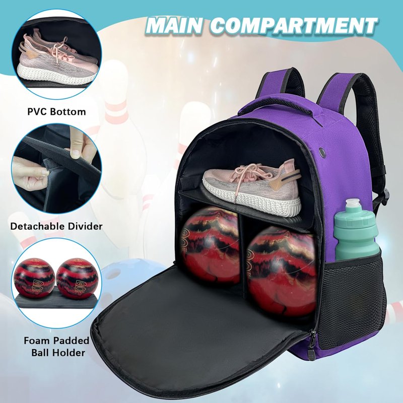 WOLT Purple Bowling Ball Backpack 2-Ball with Foam Padding & Shoe Compartment