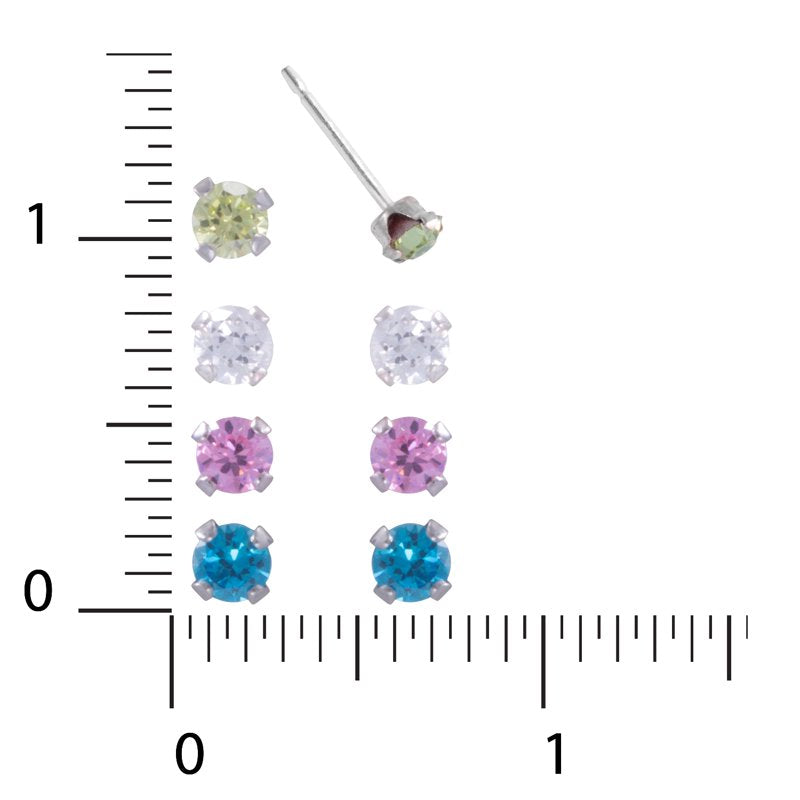 Sterling Silver Cubic Zirconia Stud Earrings Set - 4 Pairs, Multiple Sizes