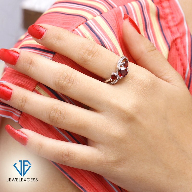 Gold Plated Silver Garnet Ring with White Diamond Accents – Heart Design Jewelry