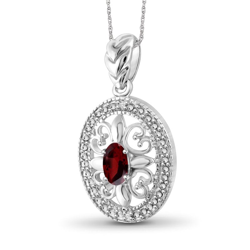Sterling Silver Garnet Pendant with White Diamond Accent, 18-Inch Chain