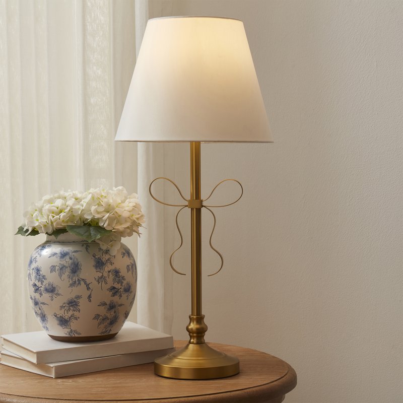 Gold Metal Bow Table Lamp with White Shade - 24 Inch Modern Farmhouse Decor