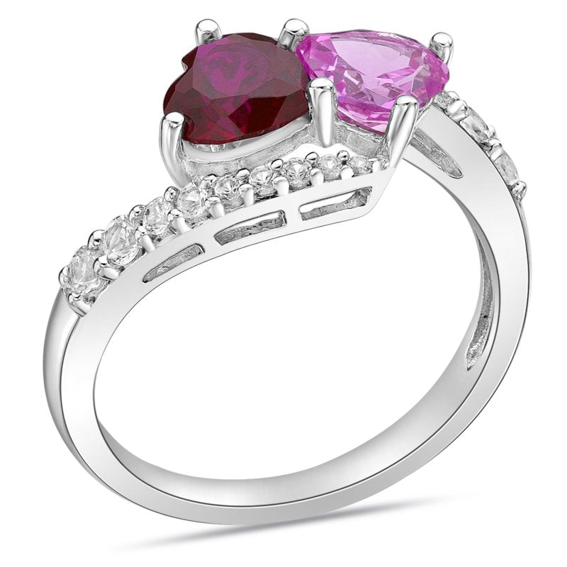 Sterling Silver Created Ruby & Pink Sapphire Double Heart Ring