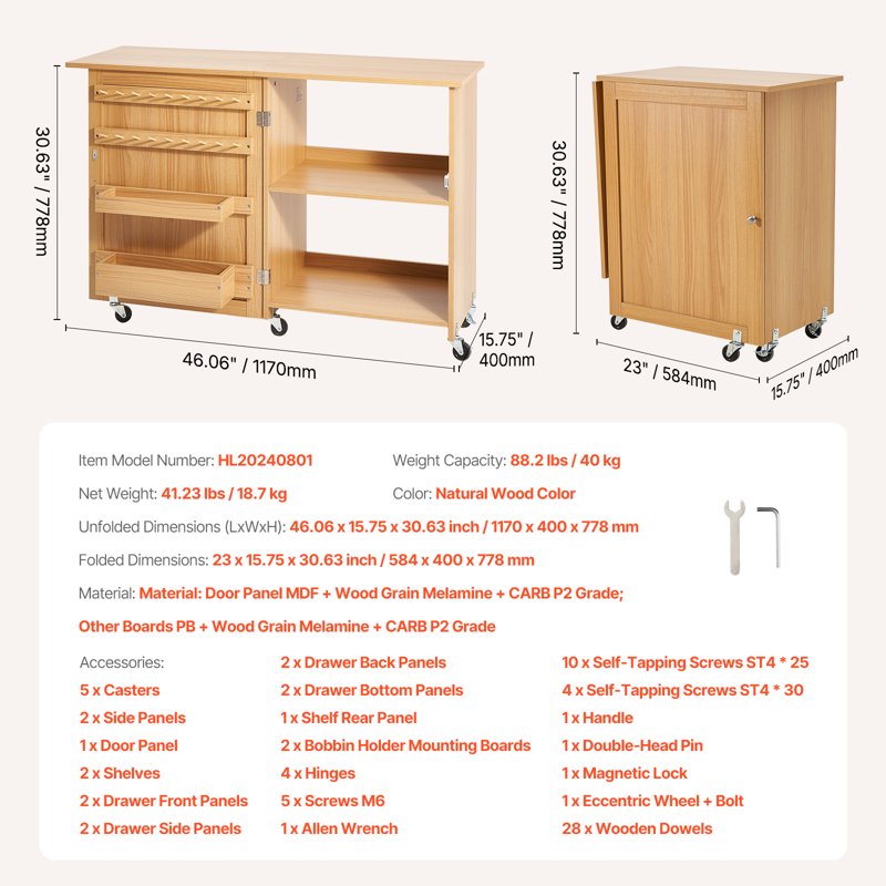 Folding Sewing Table with Storage Shelves and Wheels - Multi-Functional Craft Desk