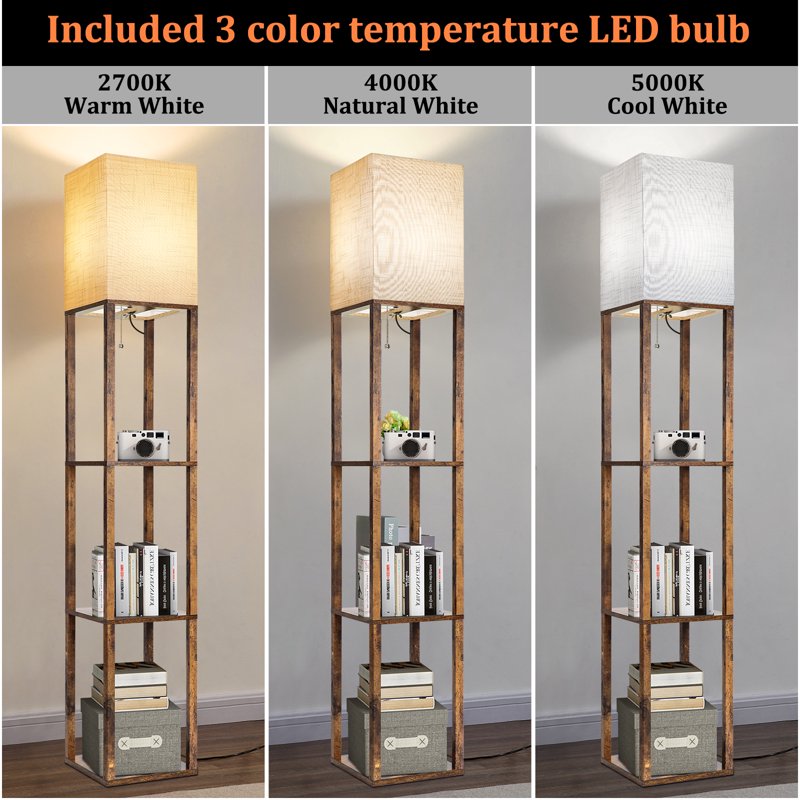 Modern Dimmable Floor Lamp with Shelves - Solid Wood Standing Lamp for Living Room & Bedroom