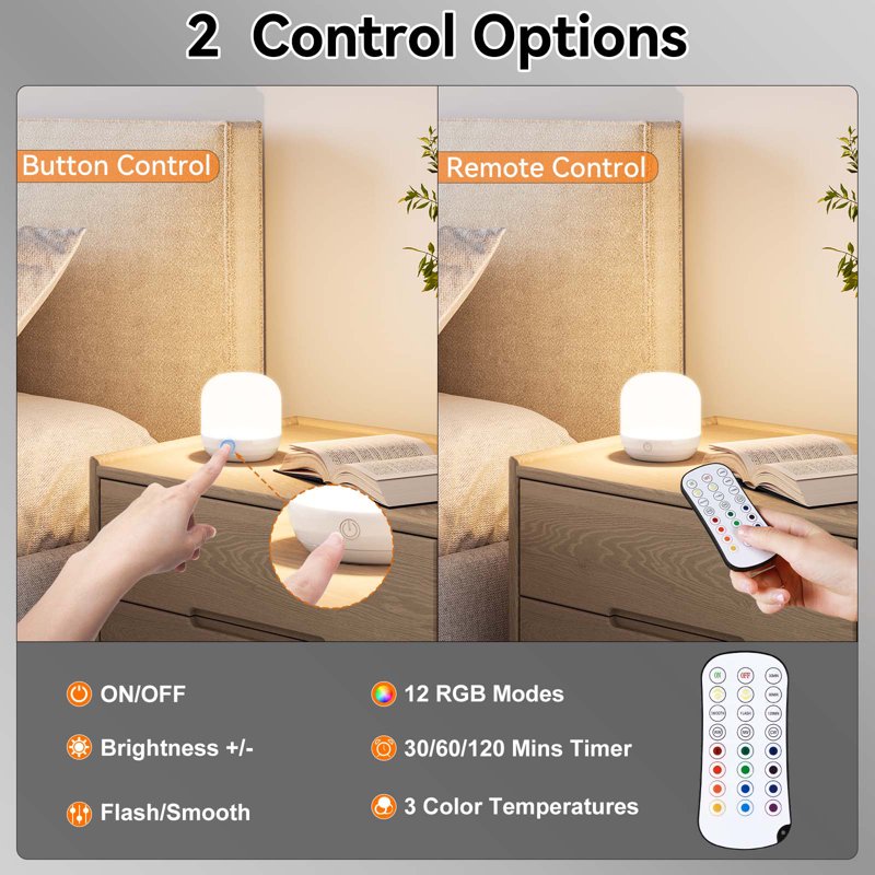 Rechargeable RGB Night Light with Remote Control and Dimmable Bedside Lamp