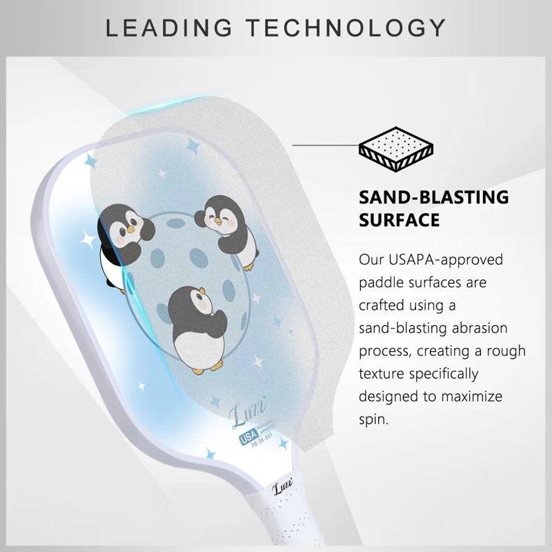 Luzz 16mm Carbon Fiber Pickleball Paddle – Sandblasted 3K T700, USAPA Approved, Penguin Party Variation