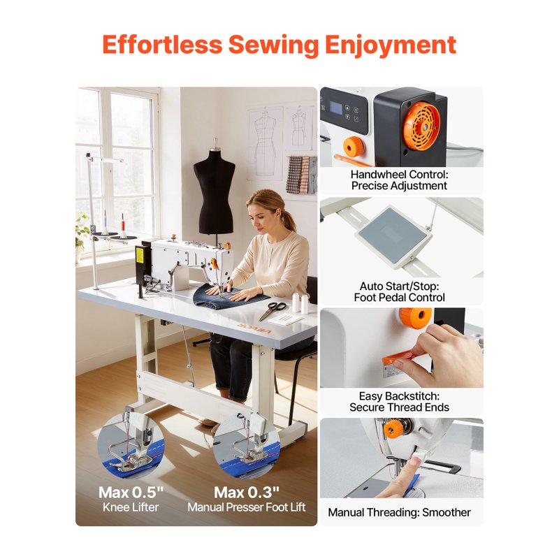Industrial Sewing Machine 550W Lockstitch Set with LCD, Metal Frame, High Speed 5000 SPM