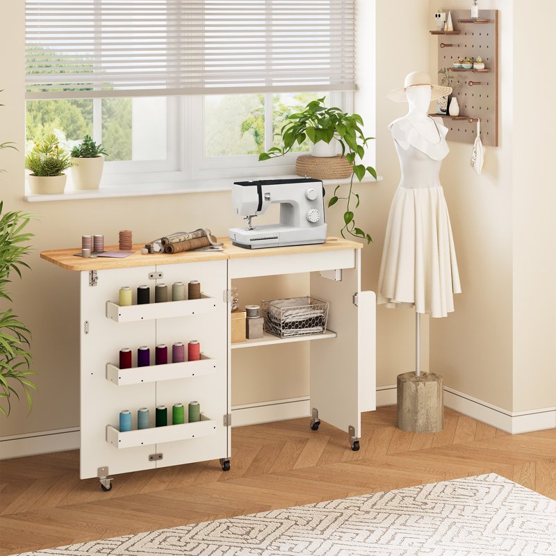 Foldable Sewing Table with Storage and Power Outlet — Space-Saving Craft Desk