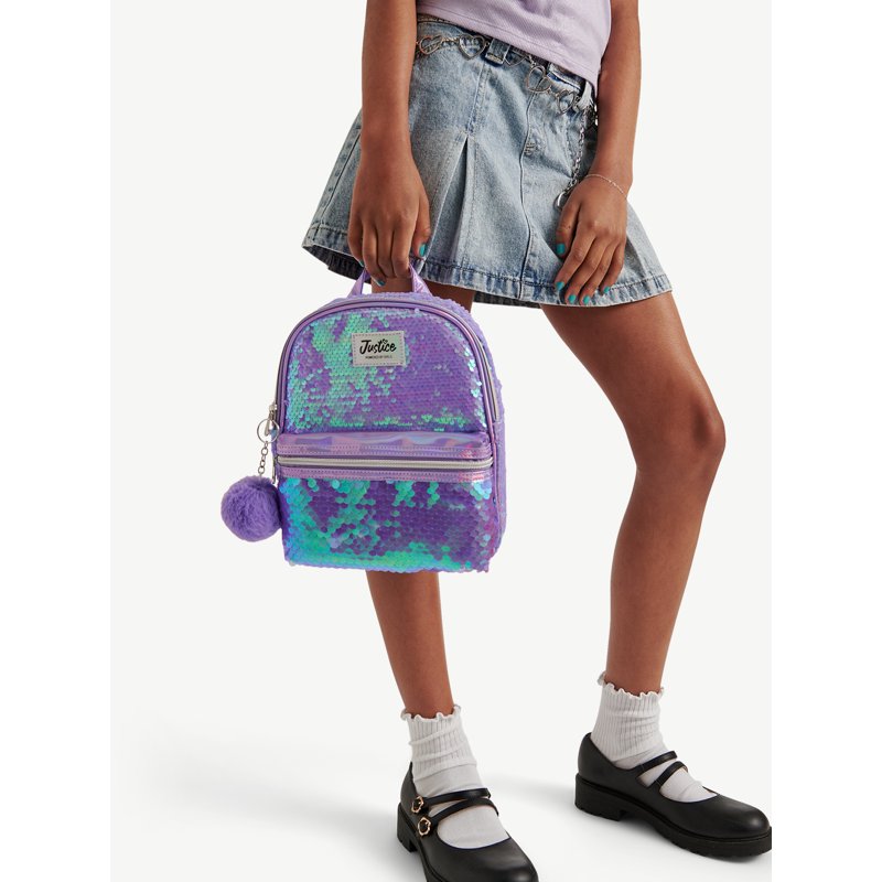 Girls Mini Backpack with Sequin and Pom-Pom Details, Adjustable Straps - Multiple Colors