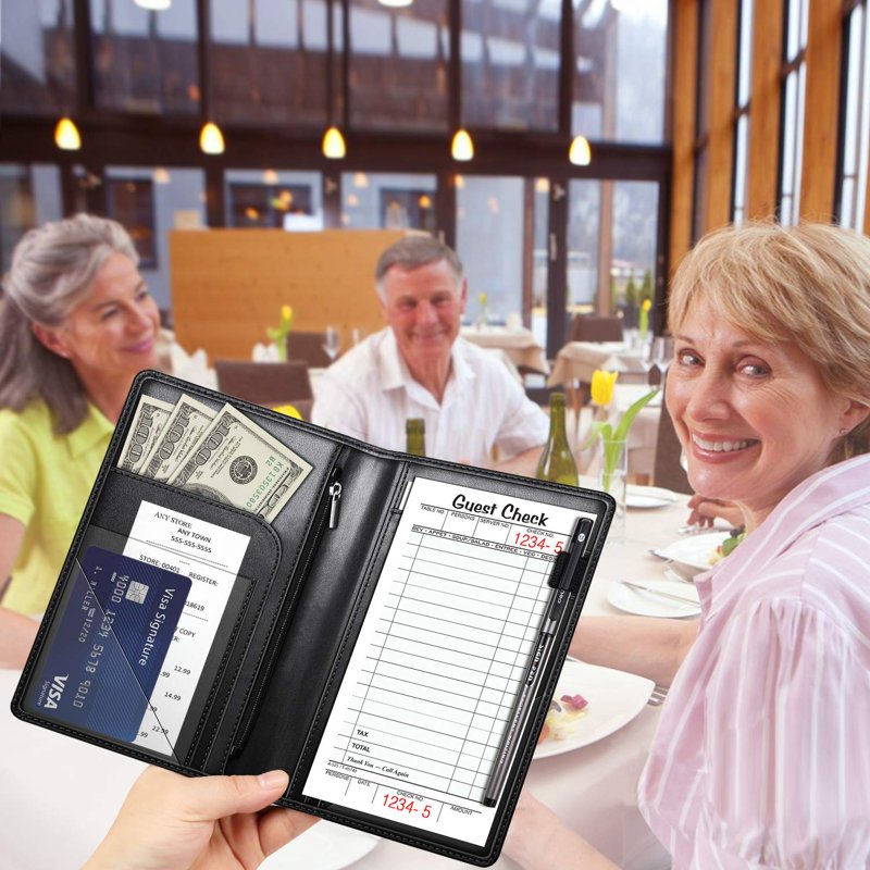 Server Book Organizer with Zipper Pocket and Pen Holder - Restaurant Guest Check Presenter, Leather Look