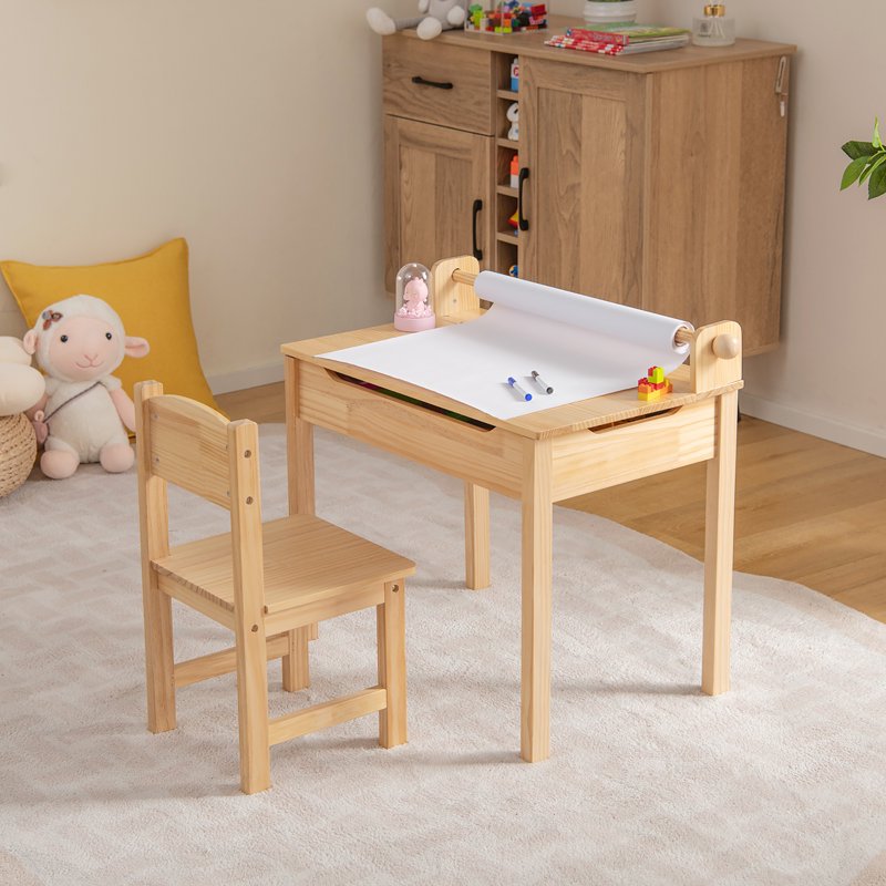Kids Activity Table with Chair, Paper Roll Holder & Storage - Toddler Furniture