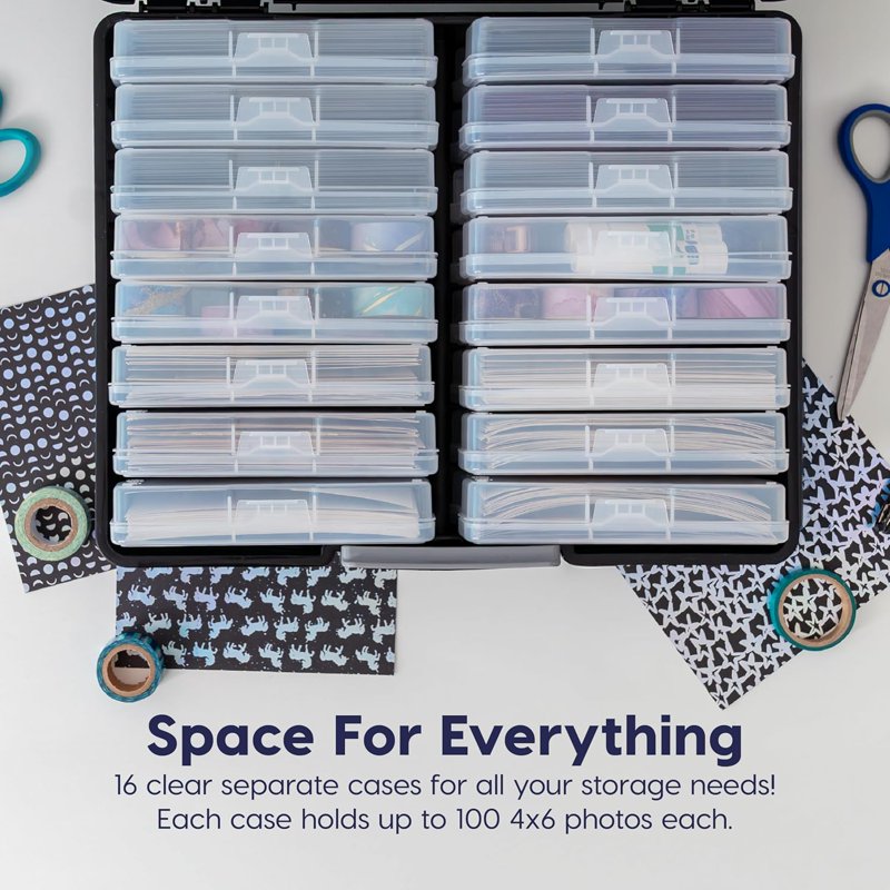 Clear Photo Storage Box with 16 Removable 4x6 Picture Holders, Stackable Organizer