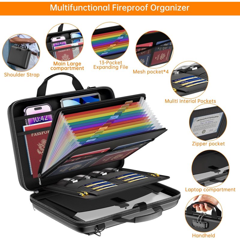 Fireproof Water-Resistant Document Organizer with Lock, 13 Pockets, Hard Shell Case
