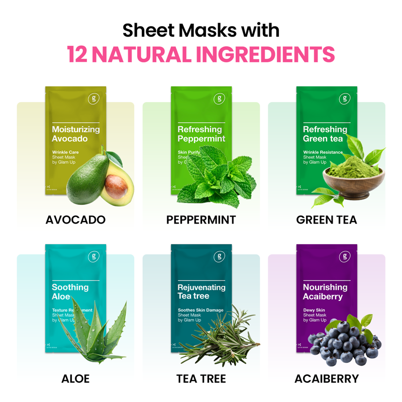 Premium Facial Sheet Mask Set - 12 Varieties for Hydrating Brightening & Pore Care