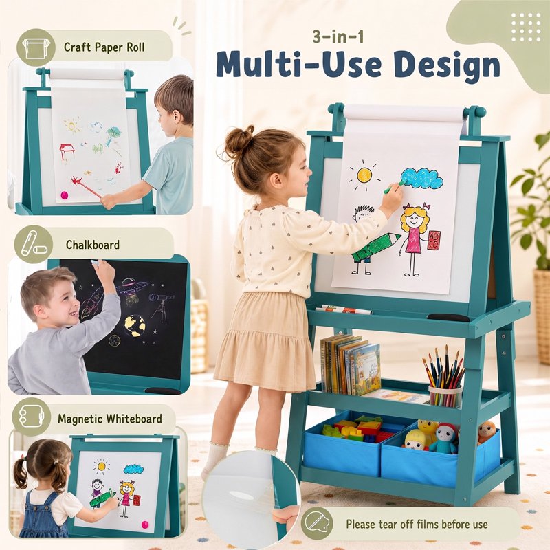 3-in-1 Kids Wooden Art Easel with Whiteboard & Chalkboard - Blue