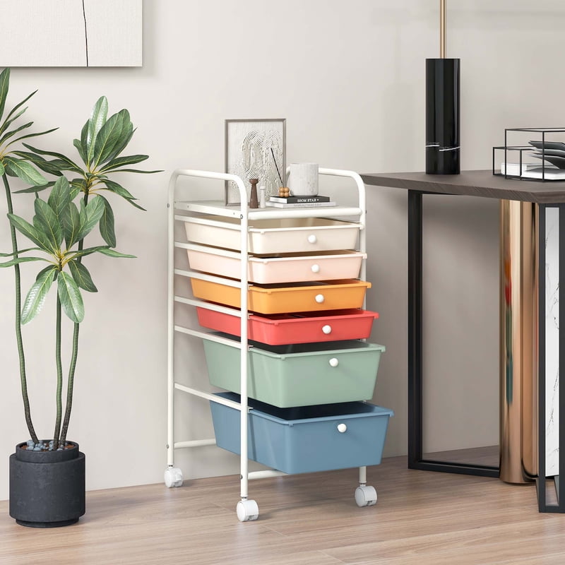 6-Drawer Rolling Storage Cart with Mesh Shelf for Office & Craft Supplies - White