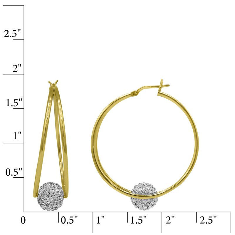 14K Gold Plated Sterling Silver Double Hoop Earrings with Crystal Balls - Hypoallergenic Adult Jewelry