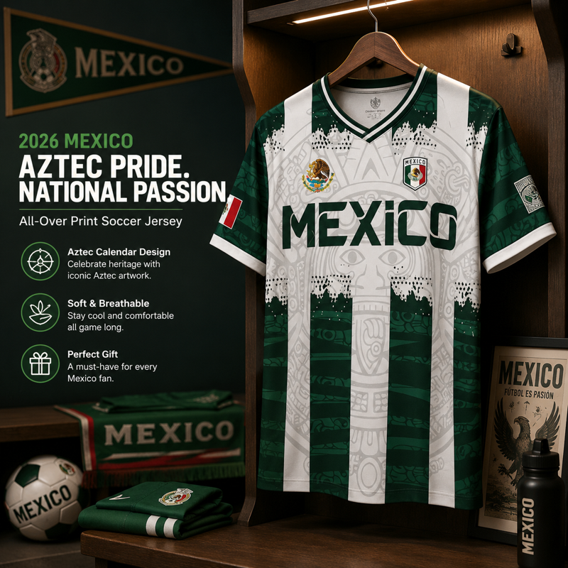 Mexico Aztec Calendar 3D Print Soccer Jersey - Green & White Striped, XL
