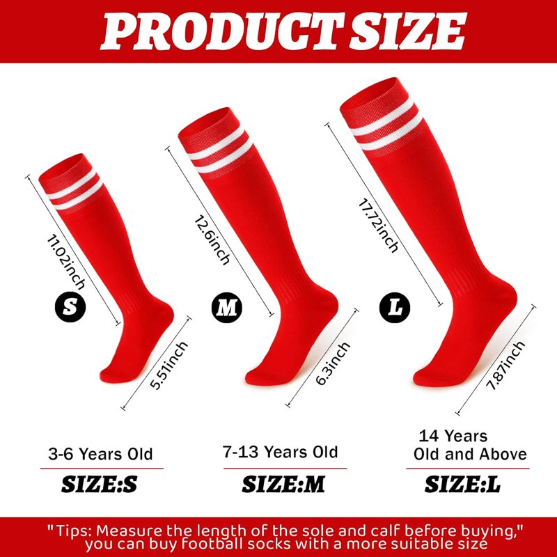 6 Pairs Kids Soccer Socks Youth Striped Football Socks Gift for Boys & Girls 4-14