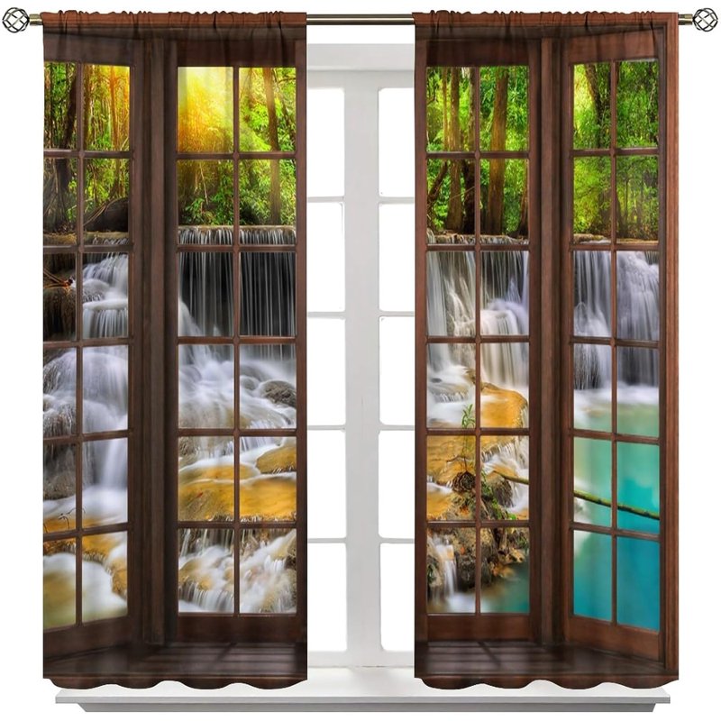 Rustic Forest Landscape Waterfall Curtains - Soundproof Window Drapes for Bedroom & Living Room