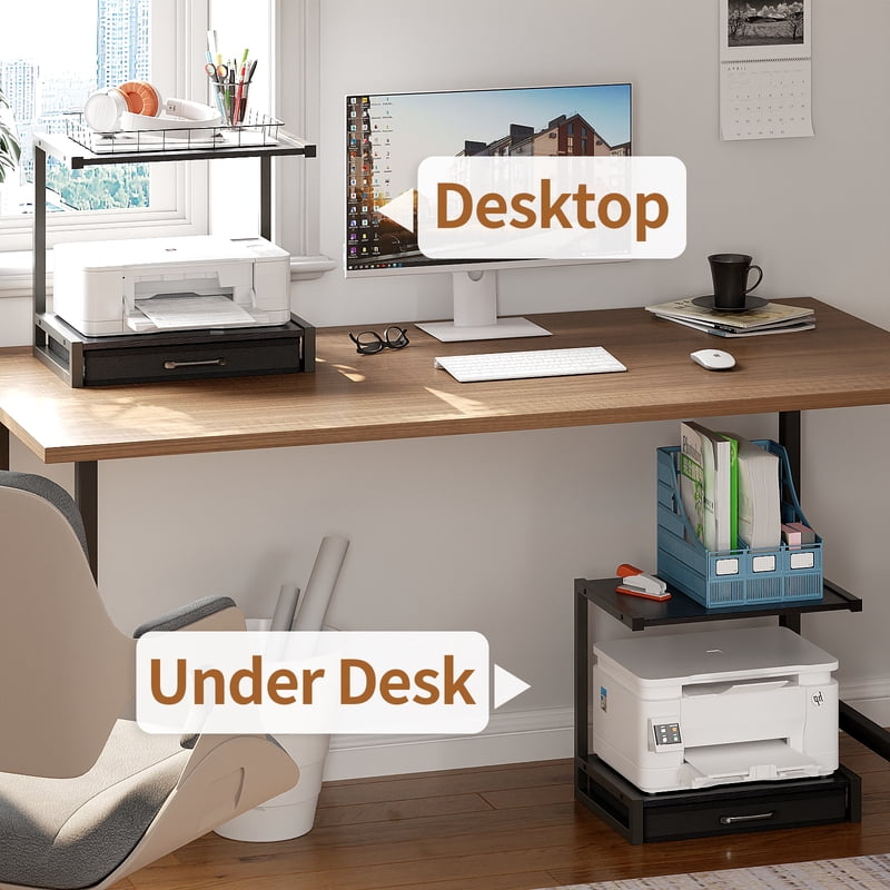 2-Tier Desktop Storage Shelf with Drawer - Printer Stand, Black, 1 Drawer (Variation: Black, 1 Drawer)