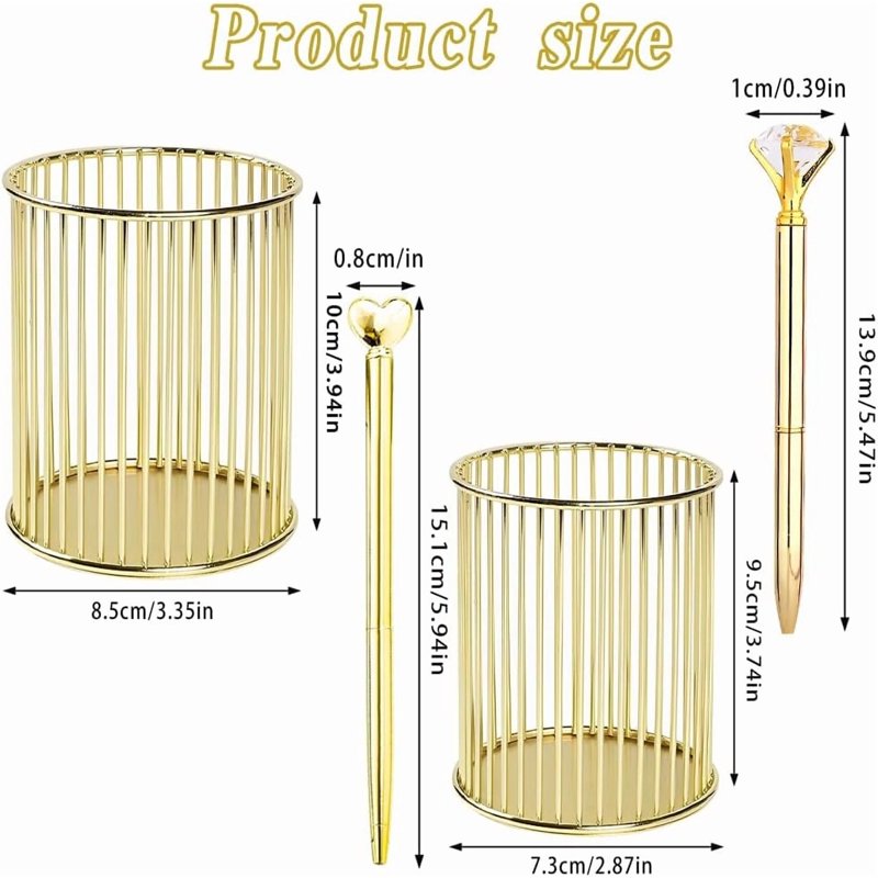 Gold Metal Pen Holder Set - Desk Organizer for Office & Makeup