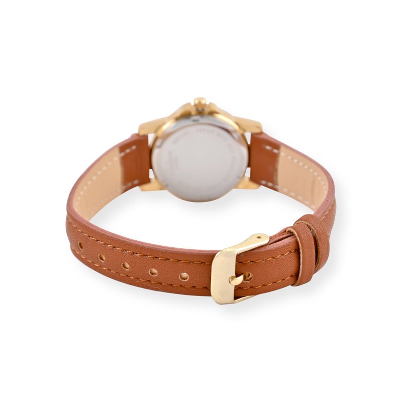 Men & Ladies Gold Tone Watch with Brown Leather Strap and Date 26.5MM