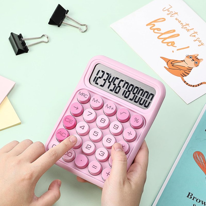 Pink 12-Digit Mechanical Calculator with Large LCD Display and Big Buttons