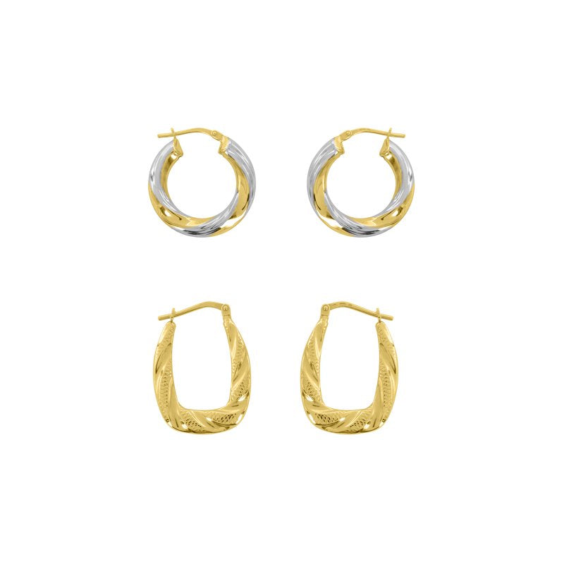 Gold Plated Sterling Silver Hoop Earrings Set - Textured & Swirl Design, 24x18mm & 23mm, Hypoallergenic, Adults Jewelry