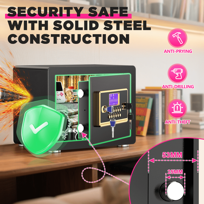 Home Security Safe Box with Digital Keypad, Fireproof Waterproof Bag, Adjustable Shelf