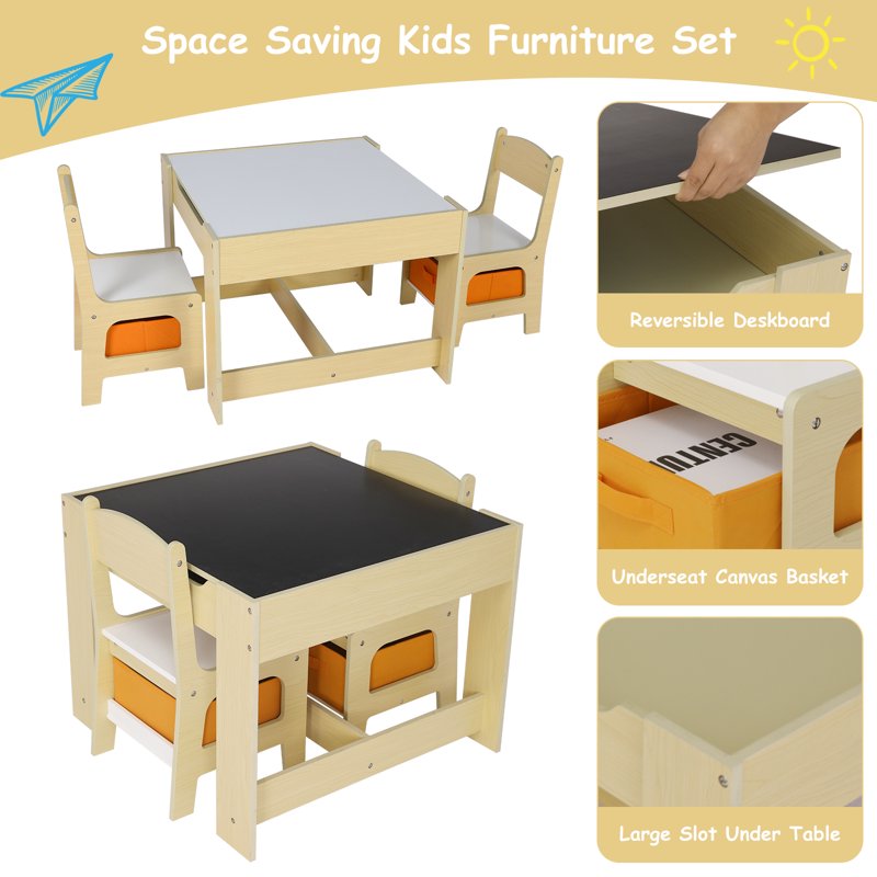 Kids Activity Table and 2 Chairs Set with Storage - Toddler Play & Study Furniture