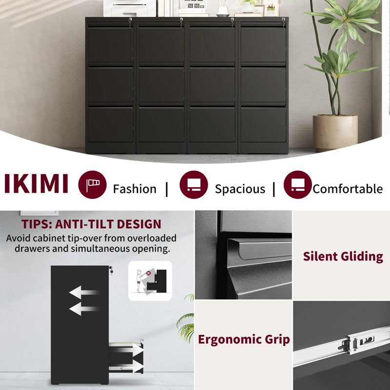3-Drawer Metal File Cabinet with Lock for Office & Home Storage - Black