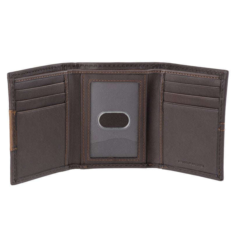 Men's RFID Leather Trifold Wallet with Interior Zipper & Logo Patch