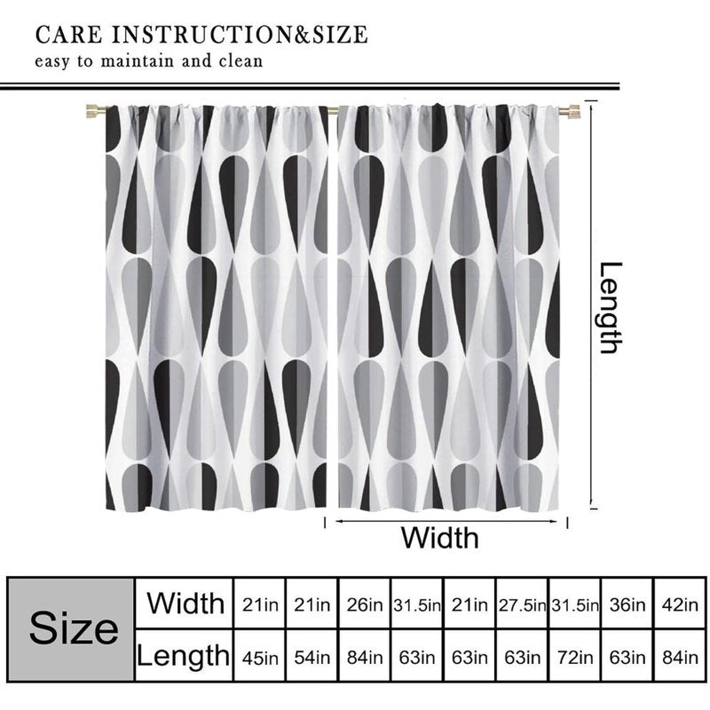 Mid Century Black White Gray Droplet Pattern Curtains - Thermal Insulated Window Drapes, 2 Panels
