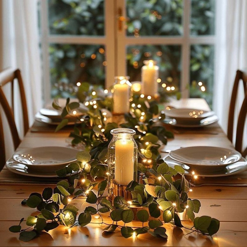 Twinkling Tree Light Garland with Warm White LED & Artificial Olive Leaves, Battery Operated Indoor Outdoor Decor