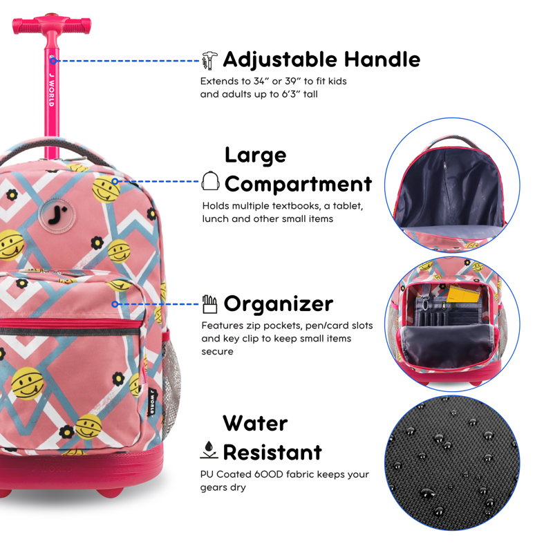 Kids Rolling Backpack 18 Inch School & Travel Bag with Organizer and Water Bottle Pockets